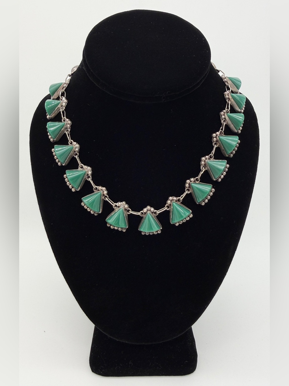 Vintage BCM Mexico Green Chalcedony Silver Statement Necklace 16”